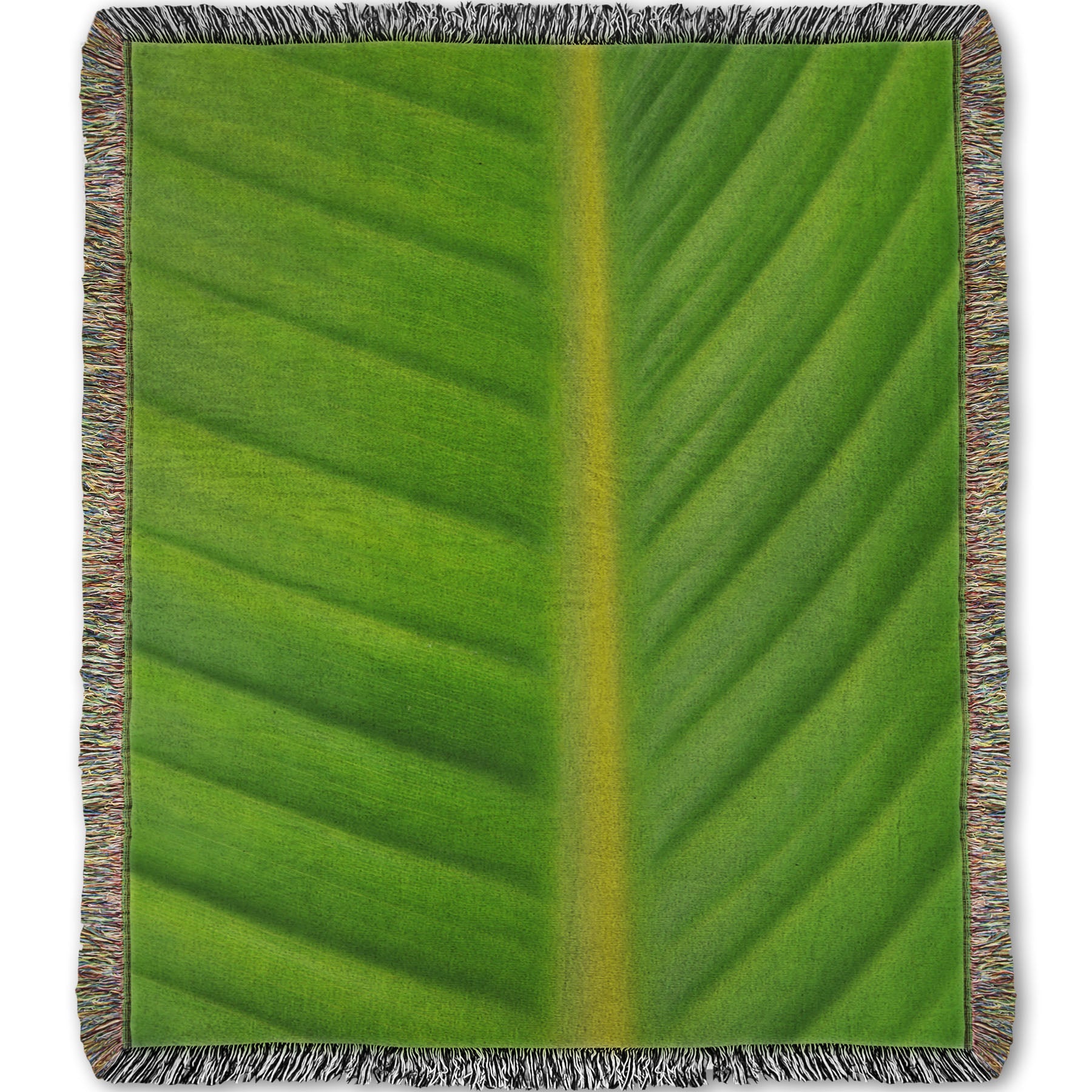 A woven throw blanket designed with a closeup photo of a bird of paradise leaf, showing all the detail of the midrib and veins of the leaf.