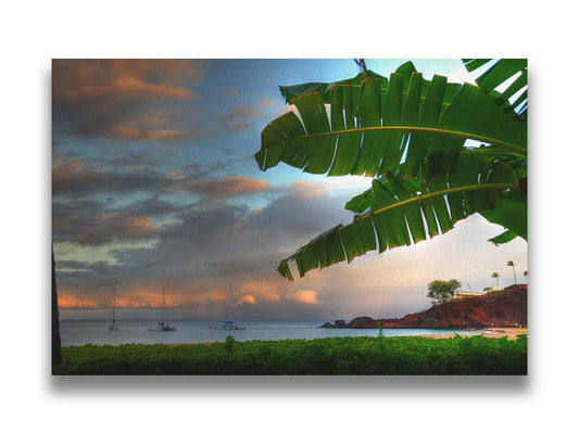 A photo of Ka'anapali beach in Hawai'i. Boats can be seen sailing on the ocean, and bright green plants grow in the foreground alongside a palm. Printed on canvas.