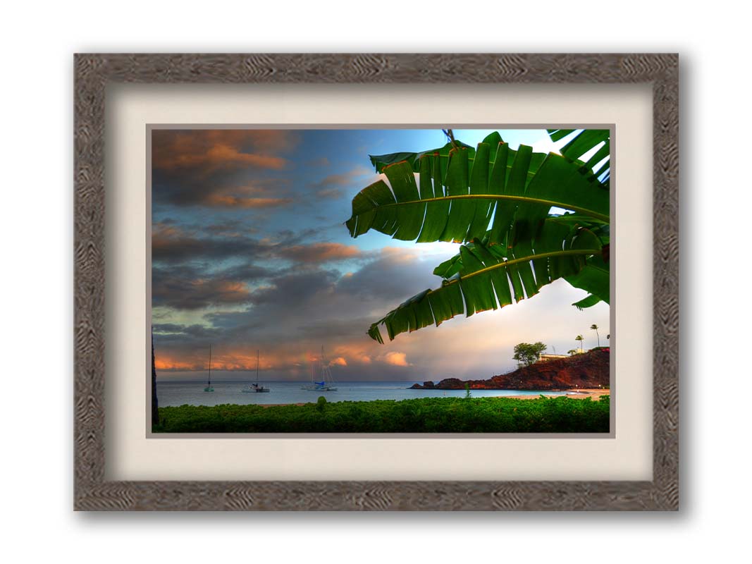 A photo of Ka'anapali beach in Hawai'i. Boats can be seen sailing on the ocean, and bright green plants grow in the foreground alongside a palm. Printed on paper, matted, and framed.