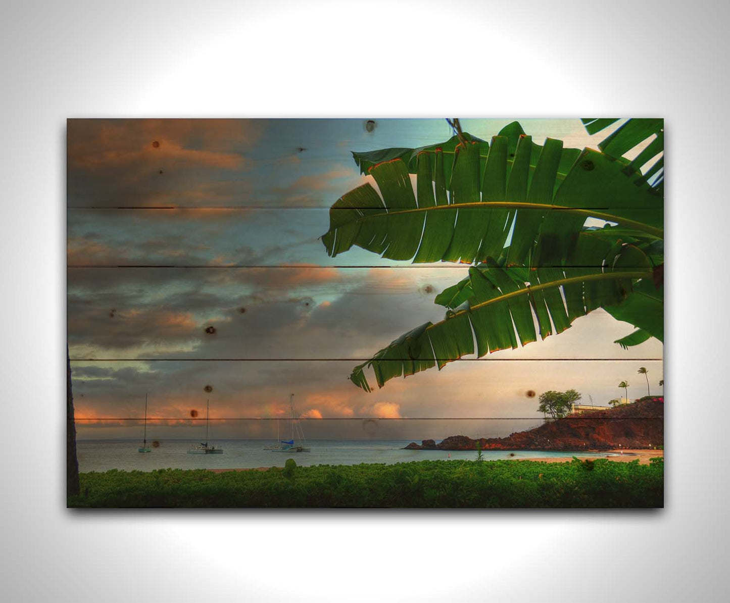 A photo of Ka'anapali beach in Hawai'i. Boats can be seen sailing on the ocean, and bright green plants grow in the foreground alongside a palm. Printed on a wood pallet.