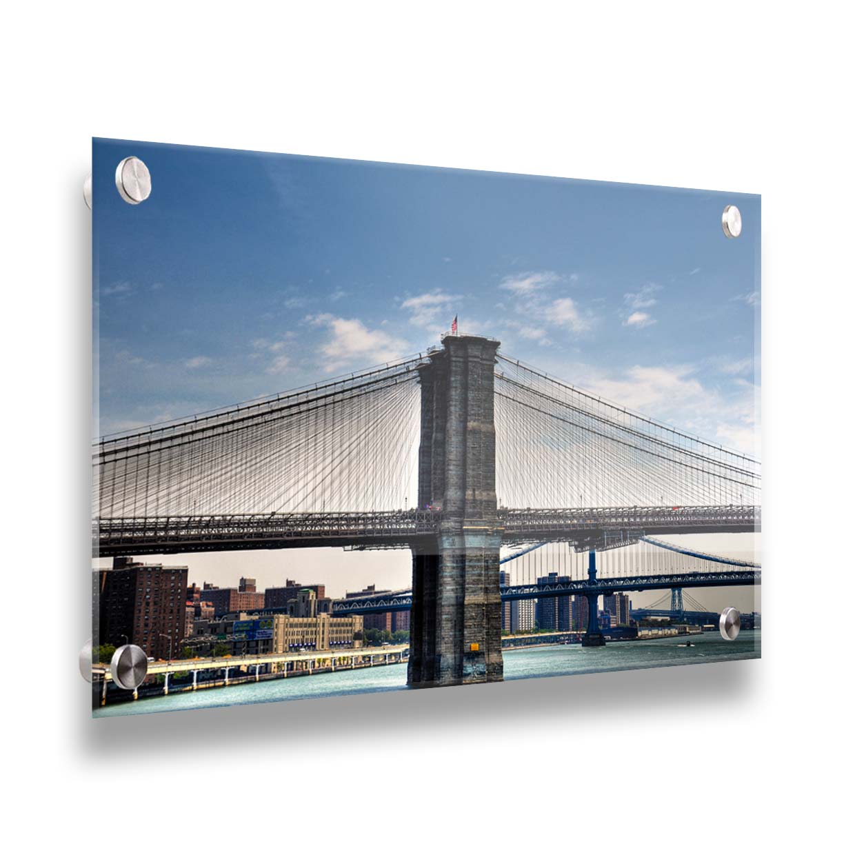 A photo of a side view of the Brooklyn Bridge against a blue sky. Printed on acrylic.