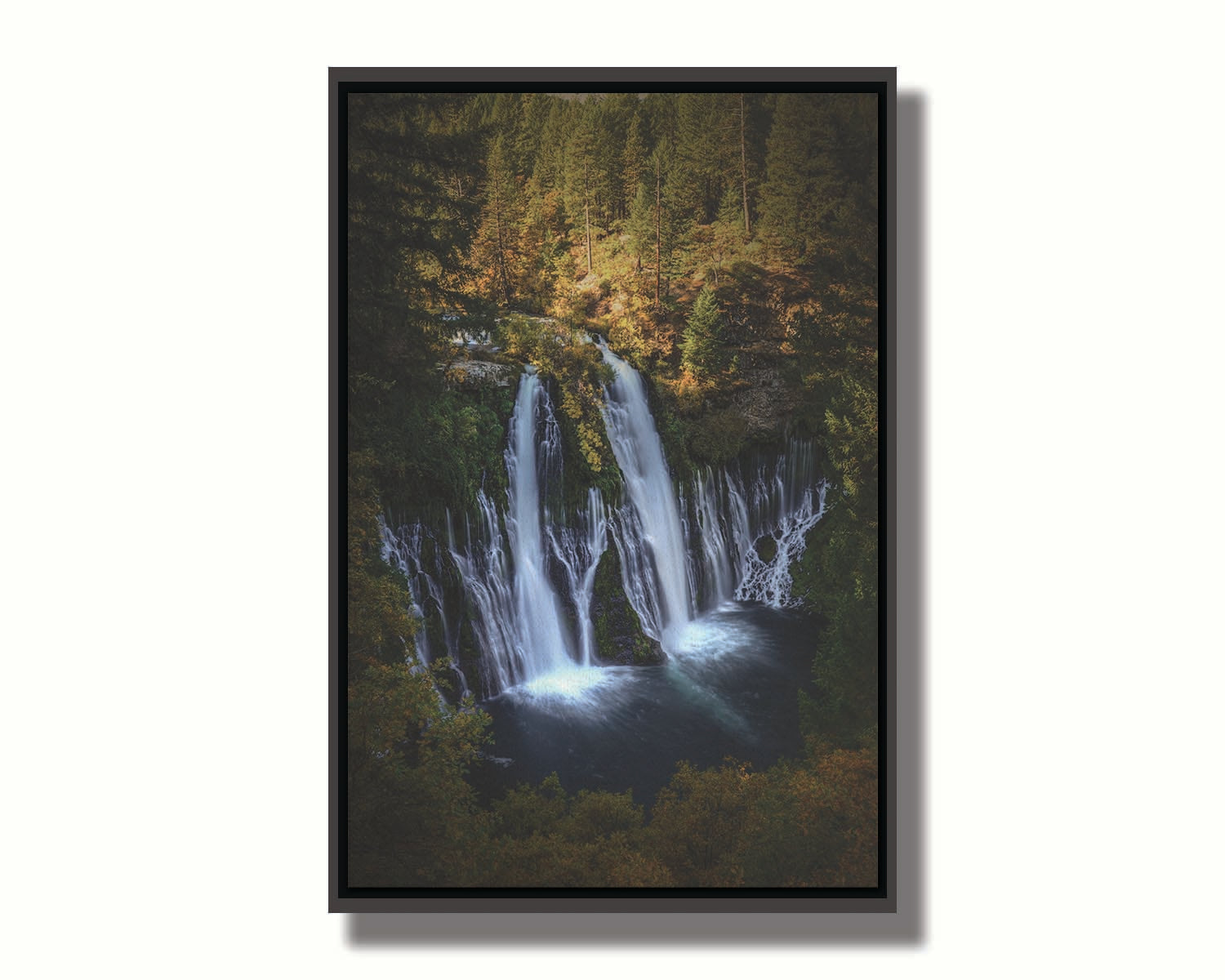 Photo of the Burney Falls waterfall in McArthur, Burney Falls Memorial State Park, California. Printed on canvas in a float frame.