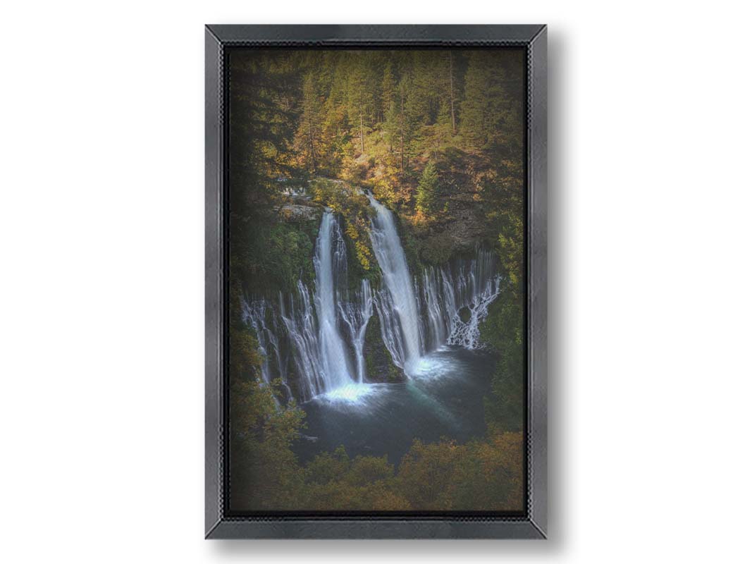 Photo of the Burney Falls waterfall in McArthur, Burney Falls Memorial State Park, California. Printed on canvas and framed.