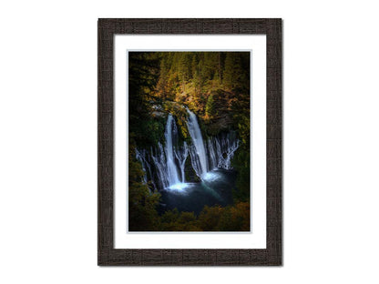 Photo of the Burney Falls waterfall in McArthur, Burney Falls Memorial State Park, California. Printed on paper, matted, and framed.