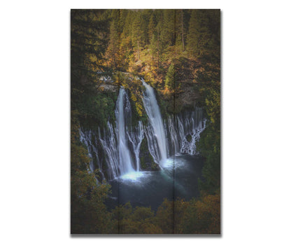 Photo of the Burney Falls waterfall in McArthur, Burney Falls Memorial State Park, California. Printed on a box board.