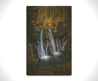 Photo of the Burney Falls waterfall in McArthur, Burney Falls Memorial State Park, California. Printed on a wood pallet.