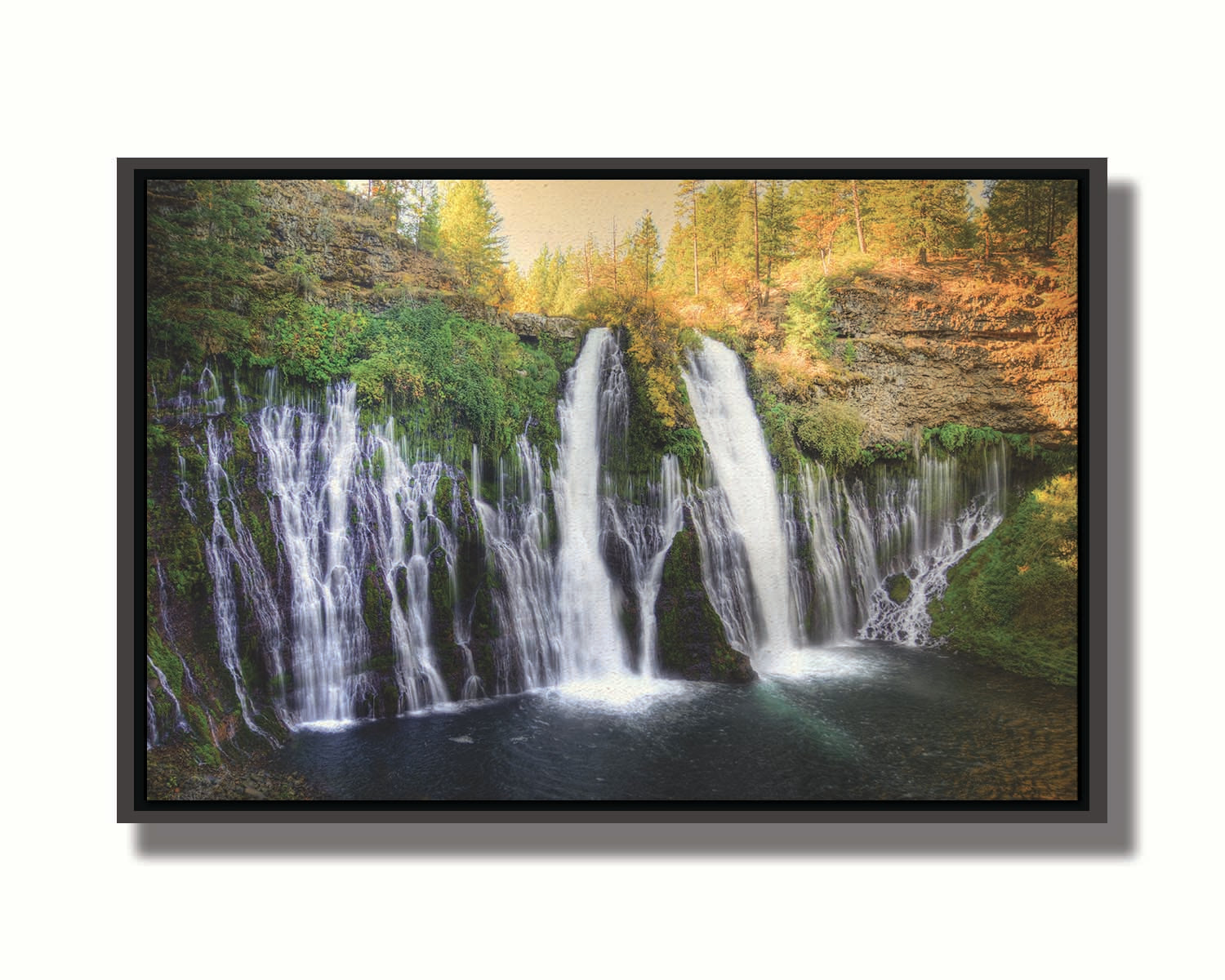 Photo of the Burney Falls waterfall in McArthur, Burney Falls Memorial State Park, California. Printed on canvas in a float frame.