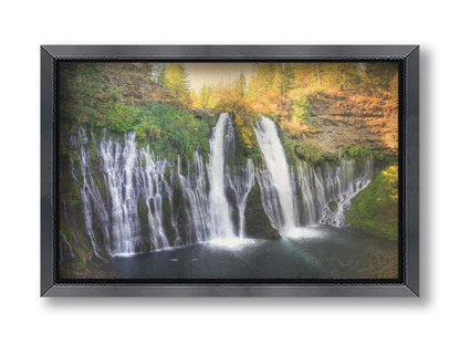 Photo of the Burney Falls waterfall in McArthur, Burney Falls Memorial State Park, California. Printed on canvas and framed.