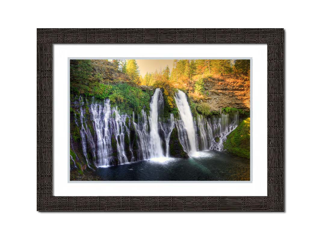 Photo of the Burney Falls waterfall in McArthur, Burney Falls Memorial State Park, California. Printed on paper, matted, and framed.