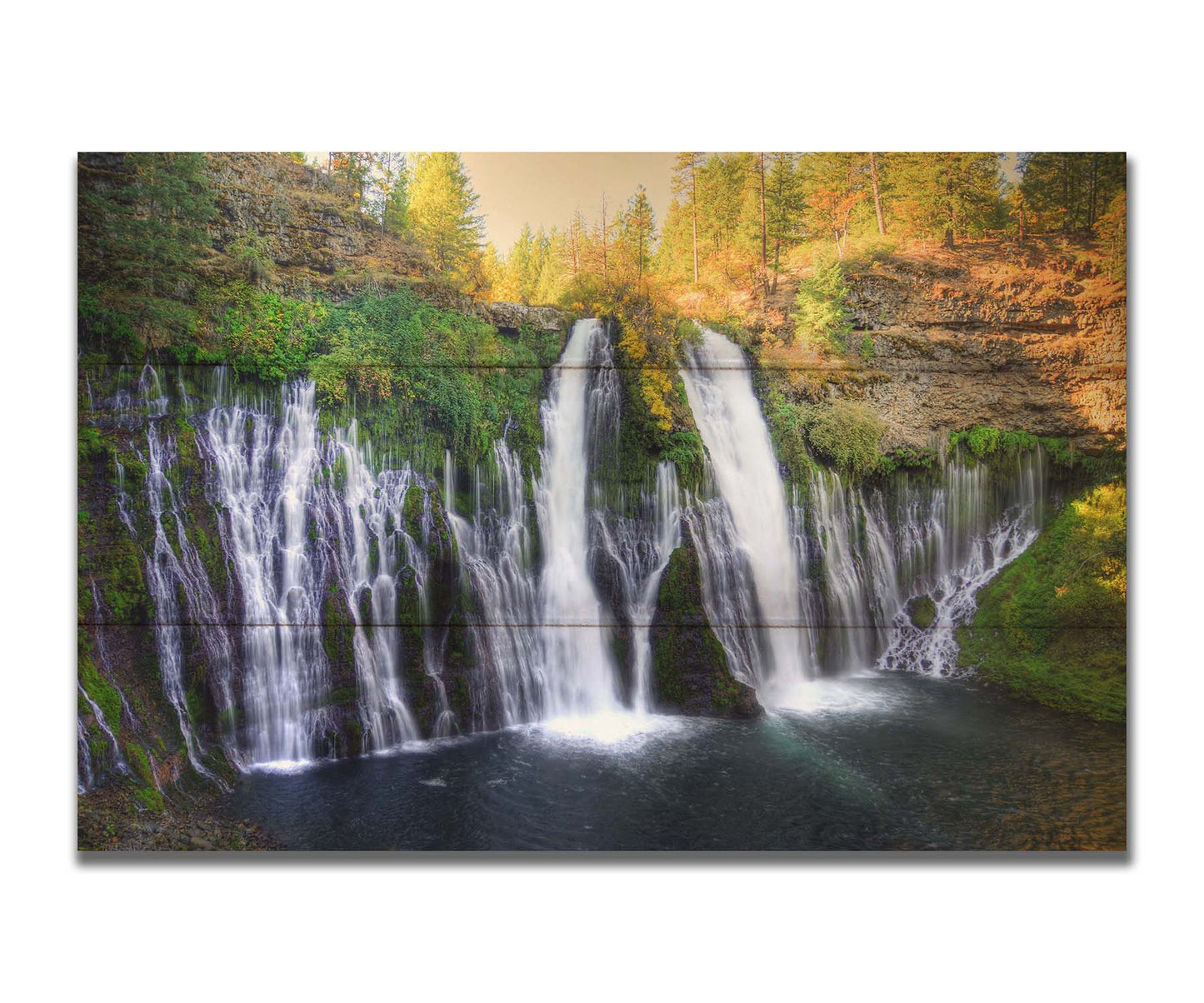 Photo of the Burney Falls waterfall in McArthur, Burney Falls Memorial State Park, California. Printed on a box board.