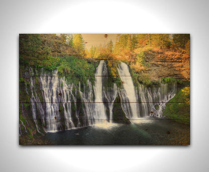 Photo of the Burney Falls waterfall in McArthur, Burney Falls Memorial State Park, California. Printed on a wood pallet