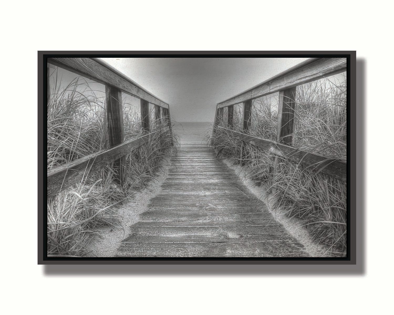 A grayscale photo looking down a wooden railed path on the beach at Cape Cod. Printed on canvas in a float frame.