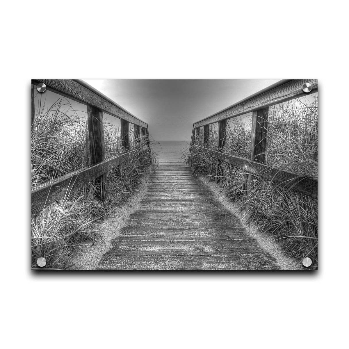 A grayscale photo looking down a wooden railed path on the beach at Cape Cod. Printed on acrylic.