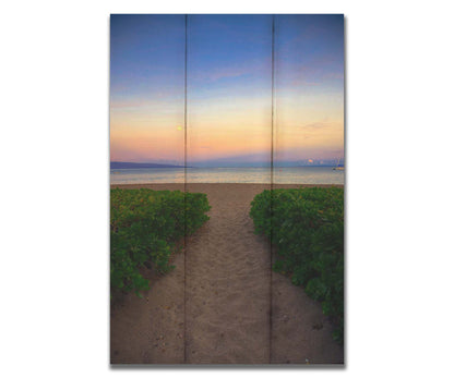 A photo looking out to sea at Kaʻanapali beach at sunset. Lush foliage lines the path down the beach, and sail boats can be see on the water. Printed on a box board.