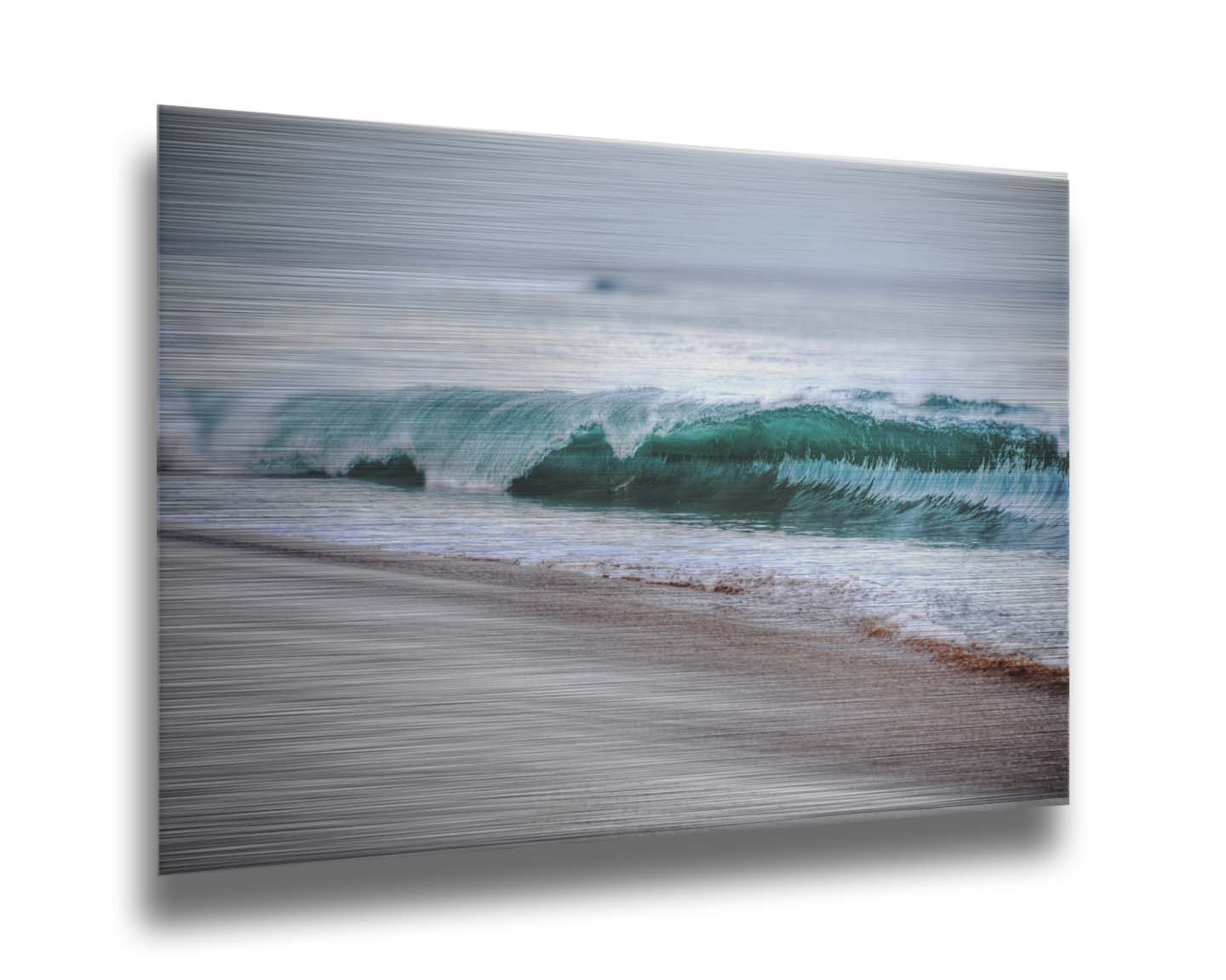 A photo closeup of a wave at Kaʻanapali, the gentle morning light shining through the water to create a beautiful blue-green. Printed on metal.