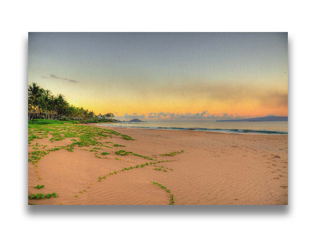 A photo of Keawakapu Beach at sunrise, with palms and mountains in the distance. Printed on canvas.