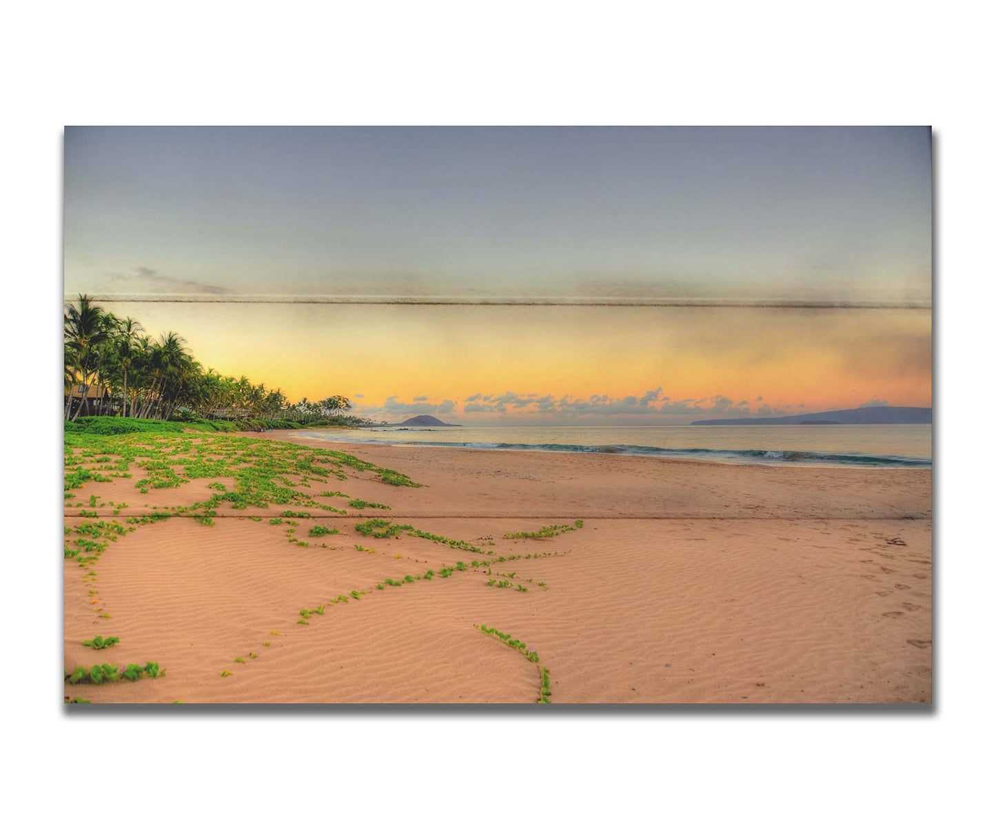 A photo of Keawakapu Beach at sunrise, with palms and mountains in the distance. Printed on a box board.