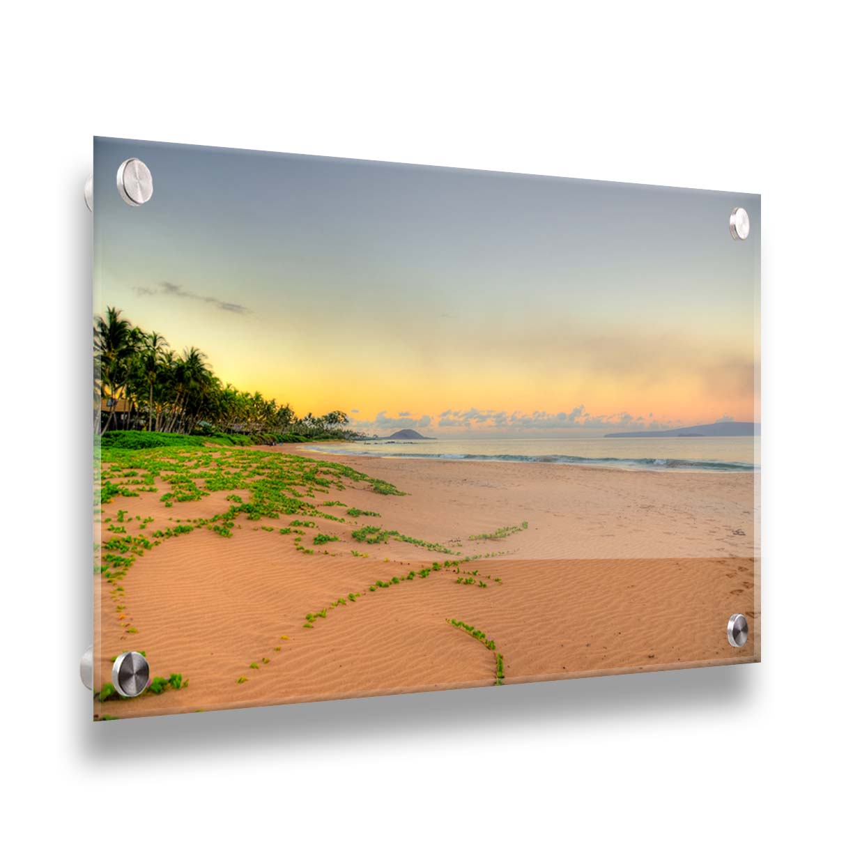 A photo of Keawakapu Beach at sunrise, with palms and mountains in the distance. Printed on acrylic.