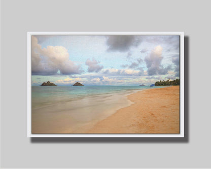 A photo of the Kaʻōhao beach, looking out at the sea. Printed on canvas in a float frame.