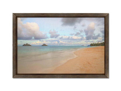 A photo of the Kaʻōhao beach, looking out at the sea. Printed on canvas and framed.