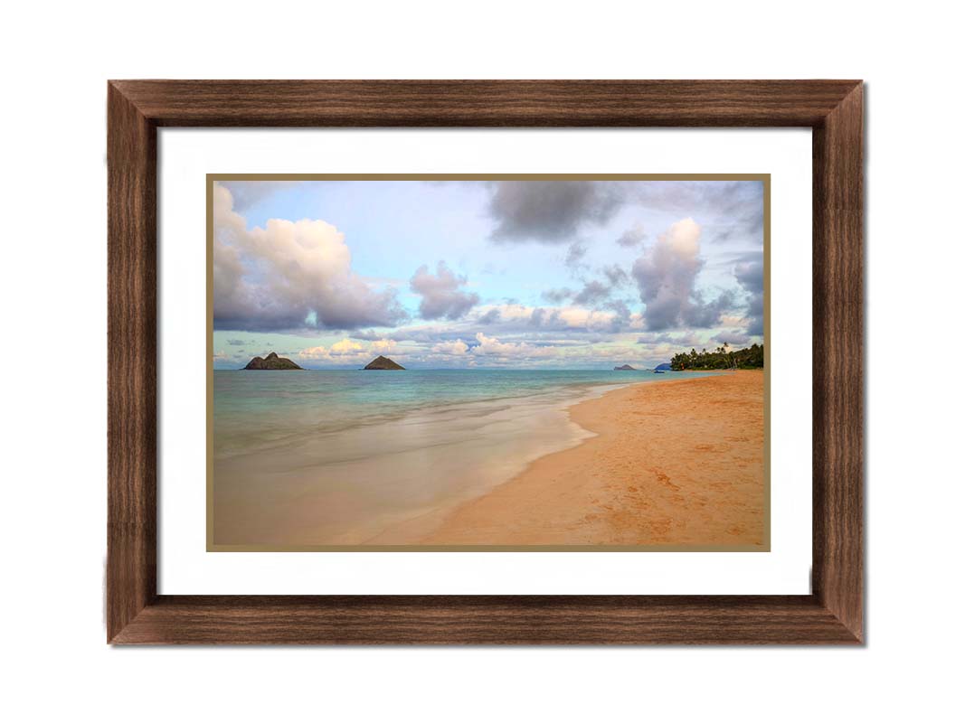 A photo of the Kaʻōhao beach, looking out at the sea. Printed on paper, matted, and framed.