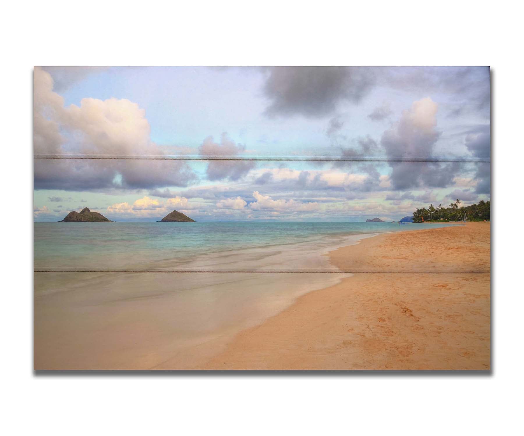 A photo of the Kaʻōhao beach, looking out at the sea. Printed on a box board.