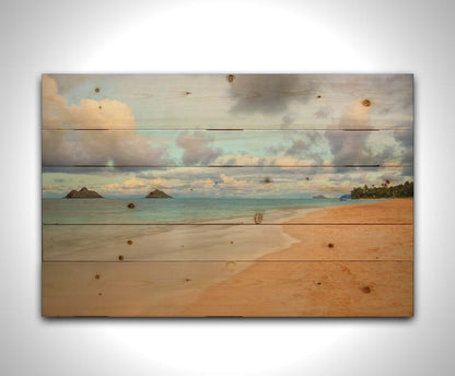 A photo of the Kaʻōhao beach, looking out at the sea. Printed on a wood pallet.