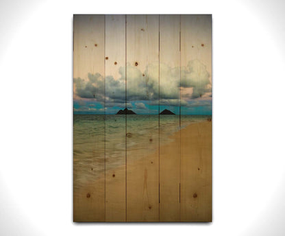 A photo of the Kaʻōhao beach, looking out at the sea. Printed on a wood pallet.