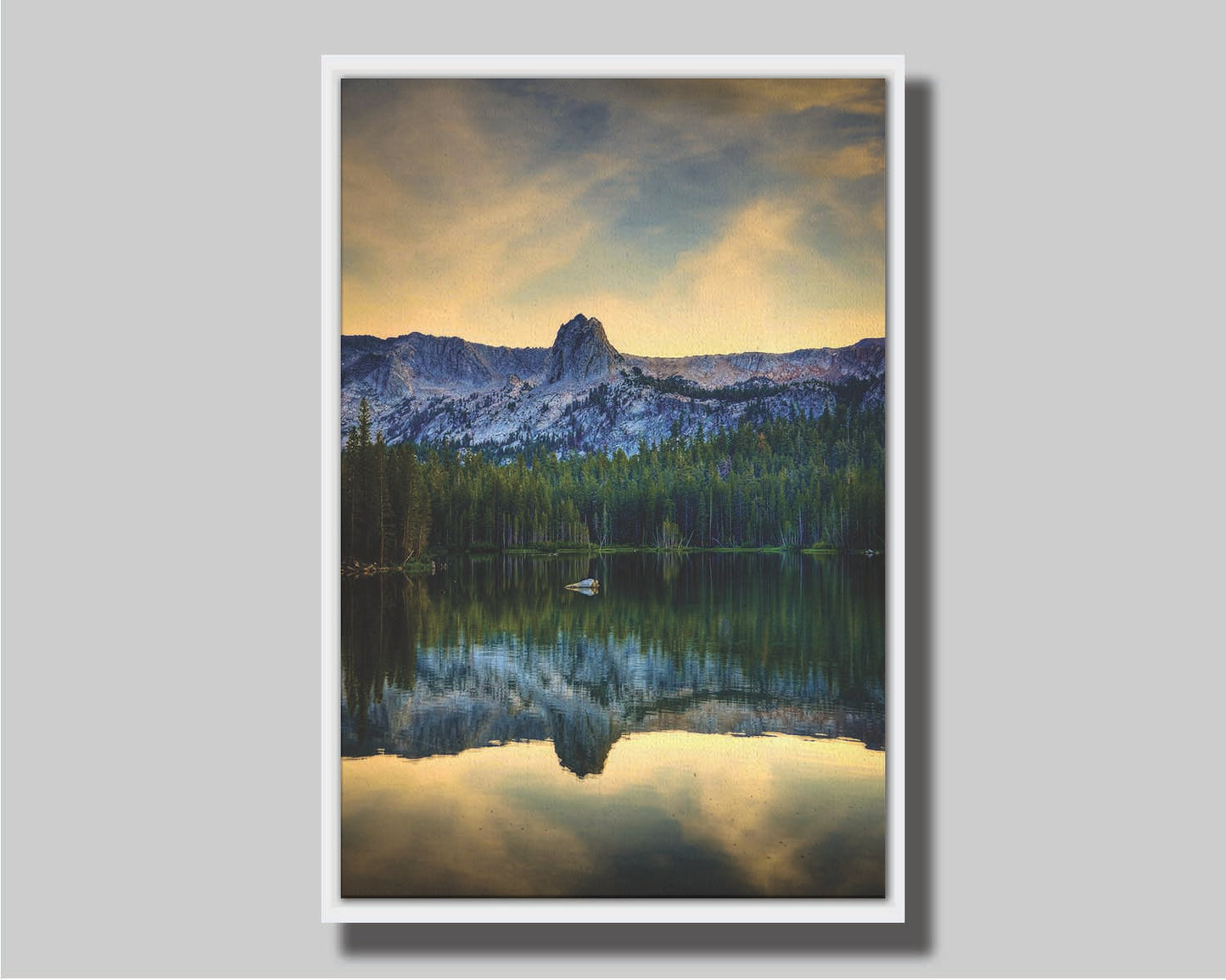 A photo overlooking Lake Mamie, one of the Mammoth Lakes at Mammoth Mountain in California. Printed on canvas in a float frame.