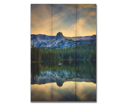 A photo overlooking Lake Mamie, one of the Mammoth Lakes at Mammoth Mountain in California. Printed on a box board.