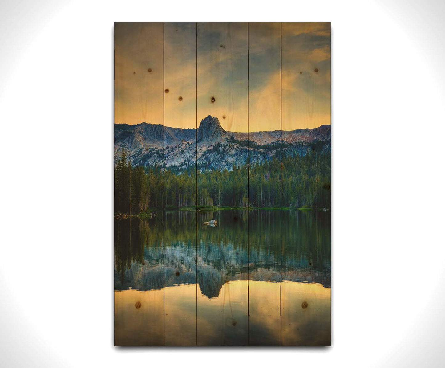 A photo overlooking Lake Mamie, one of the Mammoth Lakes at Mammoth Mountain in California. Printed on a wood pallet.