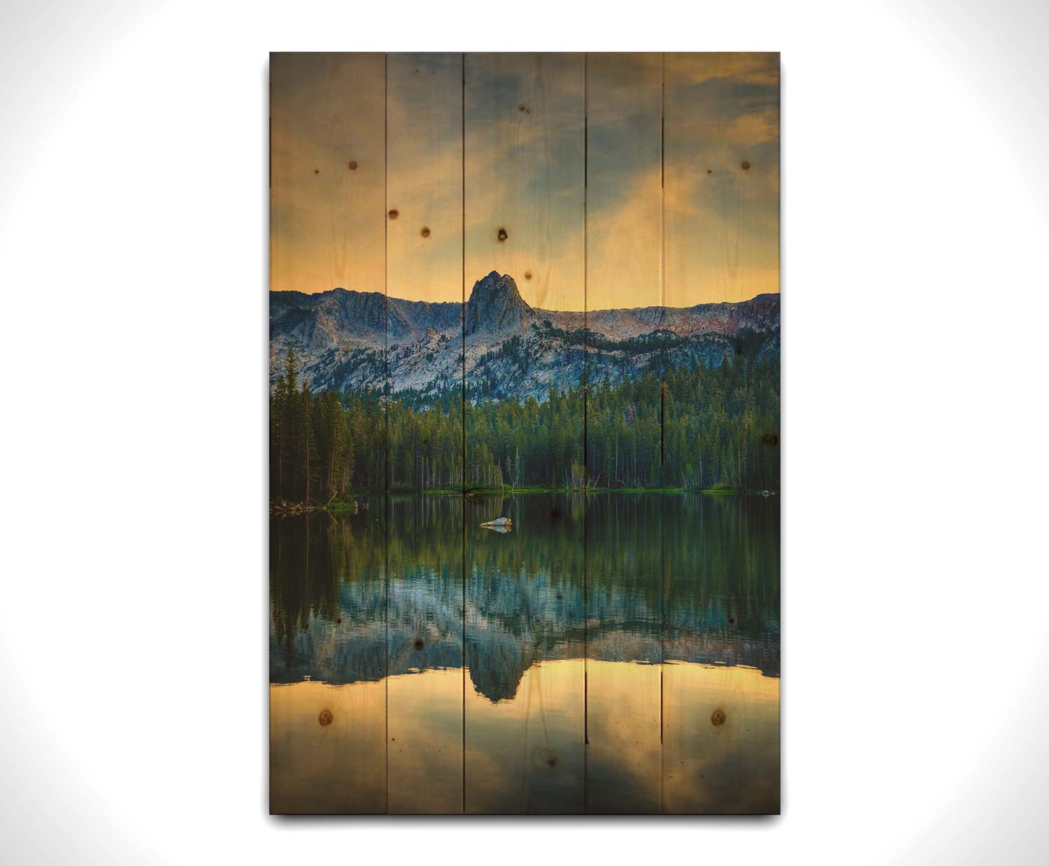 A photo overlooking Lake Mamie, one of the Mammoth Lakes at Mammoth Mountain in California. Printed on a wood pallet.