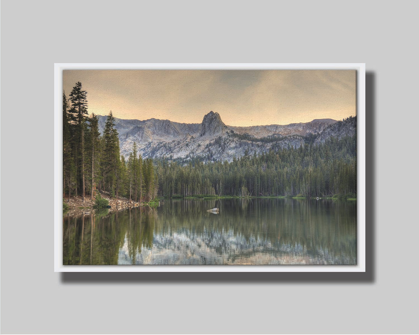 A photo overlooking Lake Mamie, one of the Mammoth Lakes at Mammoth Mountain in California. Printed on canvas in a float frame.