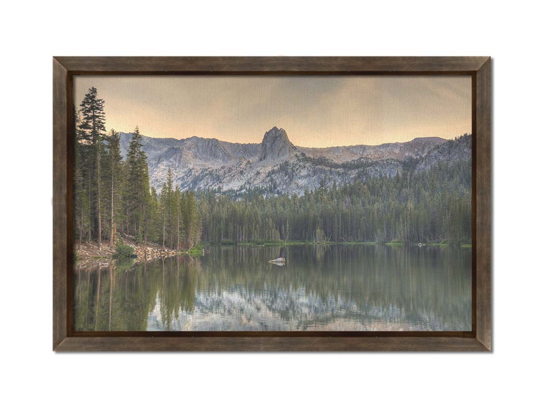 A photo overlooking Lake Mamie, one of the Mammoth Lakes at Mammoth Mountain in California. Printed on canvas and framed.