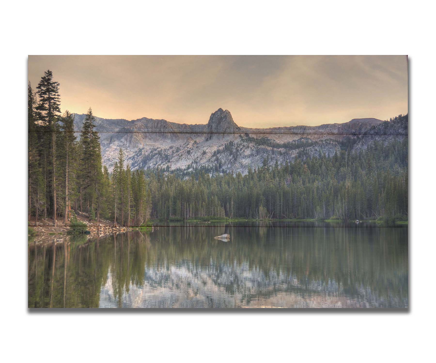 A photo overlooking Lake Mamie, one of the Mammoth Lakes at Mammoth Mountain in California. Printed on a box board.