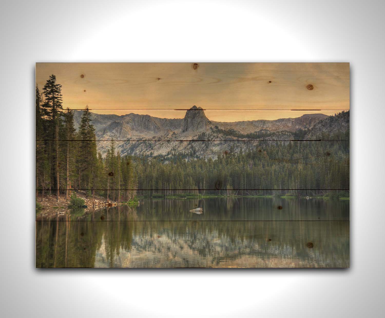 A photo overlooking Lake Mamie, one of the Mammoth Lakes at Mammoth Mountain in California. Printed on a wood pallet.