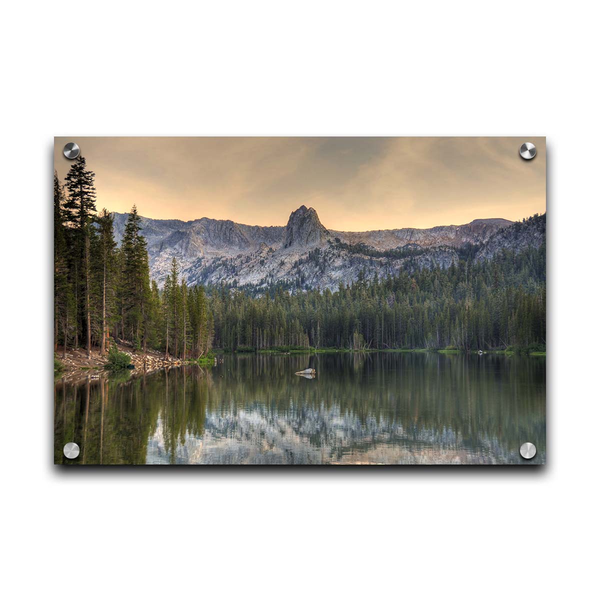 A photo overlooking Lake Mamie, one of the Mammoth Lakes at Mammoth Mountain in California. Printed on acrylic.