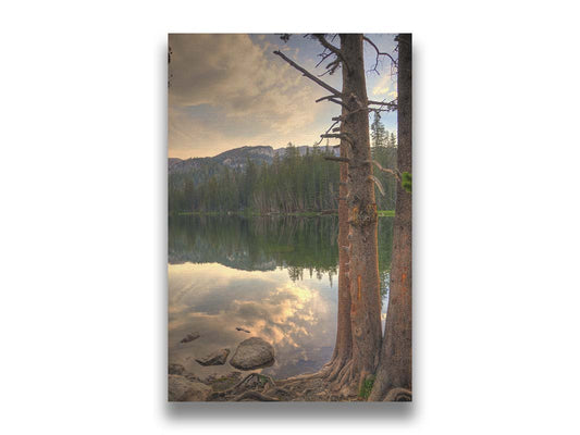 A photo overlooking Lake Mamie at Mammoth Mountain, California. The lake is surrounded by a forest of trees, with the mountains in the background. Printed on canvas.