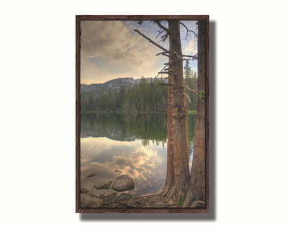 A photo overlooking Lake Mamie at Mammoth Mountain, California. The lake is surrounded by a forest of trees, with the mountains in the background. Printed on canvas in a float frame.