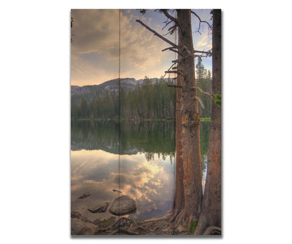 A photo overlooking Lake Mamie at Mammoth Mountain, California. The lake is surrounded by a forest of trees, with the mountains in the background. Printed on a box board.