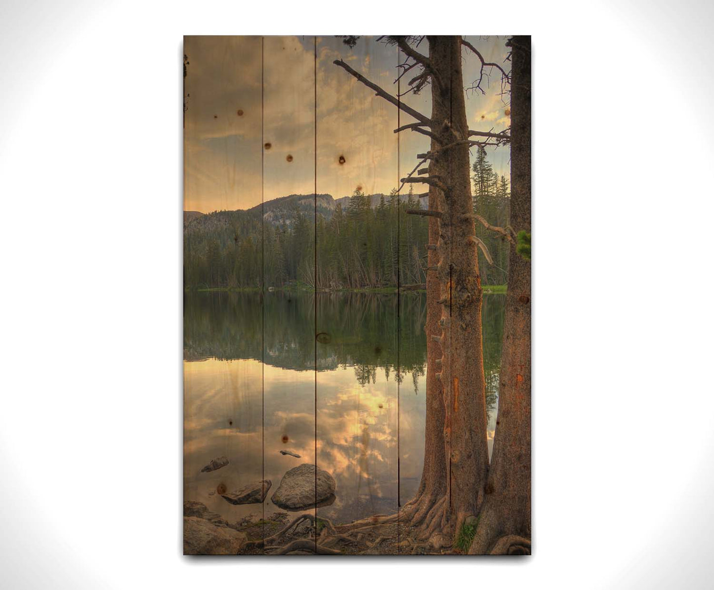 A photo overlooking Lake Mamie at Mammoth Mountain, California. The lake is surrounded by a forest of trees, with the mountains in the background. Printed on a wood pallet.