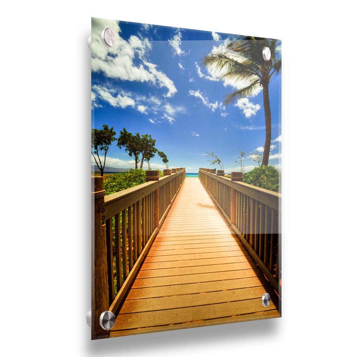 A photo of a boardwalk in Maui, Hawaiʻi, looking down the wood path to the sea. It is flanked by shrubbery, palms, and other tropical trees. Printed on acrylic.