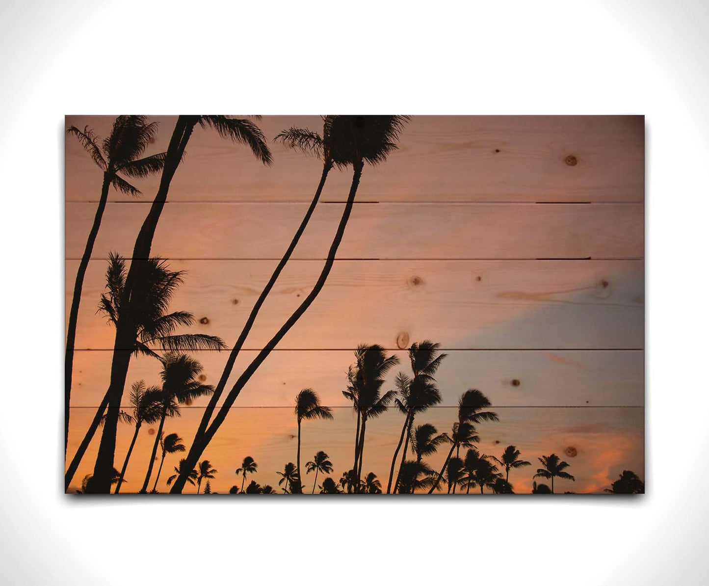 A photo of many palm trees silhouetted against a colorful sunrise reflecting pinks and yellows off the clouds. Printed on a wood pallet.