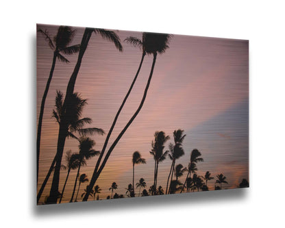 A photo of many palm trees silhouetted against a colorful sunrise reflecting pinks and yellows off the clouds. Printed on metal.