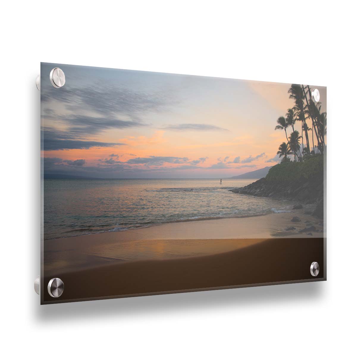 A photo looking out to sea at Maui during sunrise. A surfer can be seen on the water in the distance. Printed on acrylic.