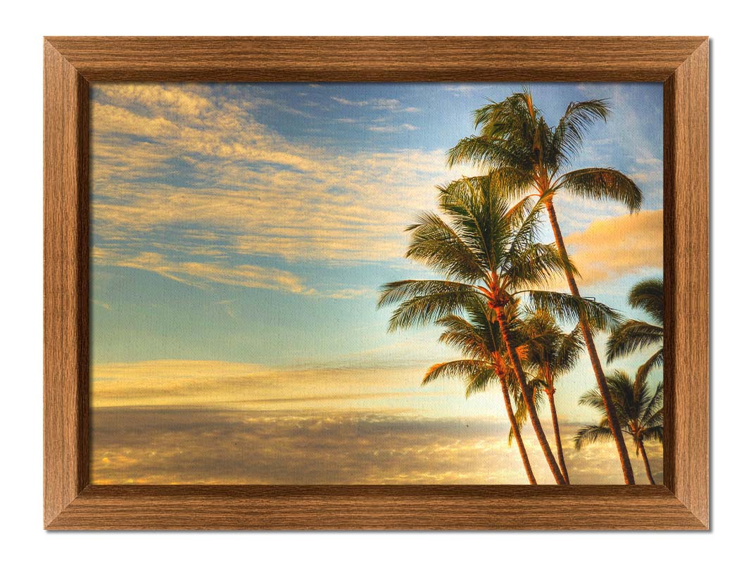 Photograph of palm trees set against the morning sky by the orange hues of the sunrise. Printed on canvas and framed.