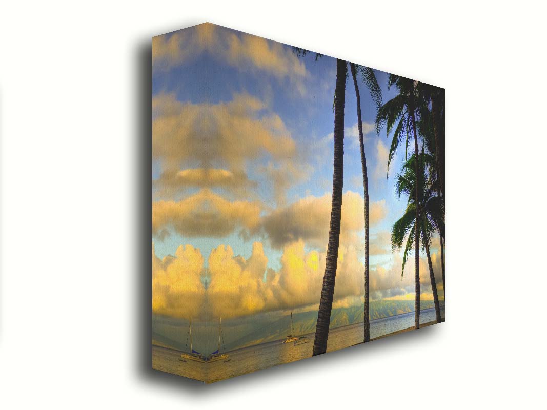 A photo of a collection of palm trees, backed by a view of the sea and distance mountainous islands lit with yellow from the low sun. Printed on canvas.