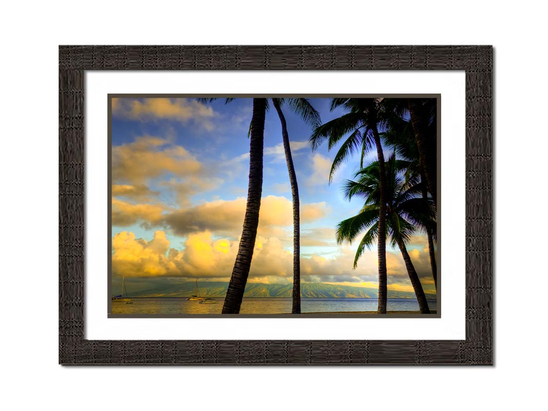 A photo of a collection of palm trees, backed by a view of the sea and distance mountainous islands lit with yellow from the low sun. Printed on paper, matted, and framed.