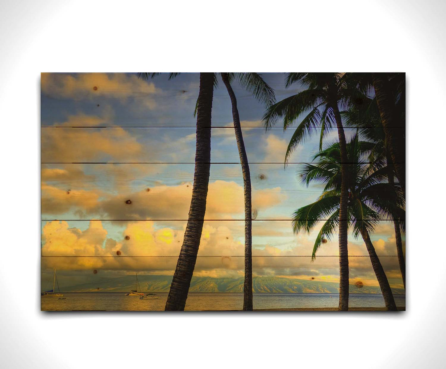 A photo of a collection of palm trees, backed by a view of the sea and distance mountainous islands lit with yellow from the low sun. Printed on a wood pallet.