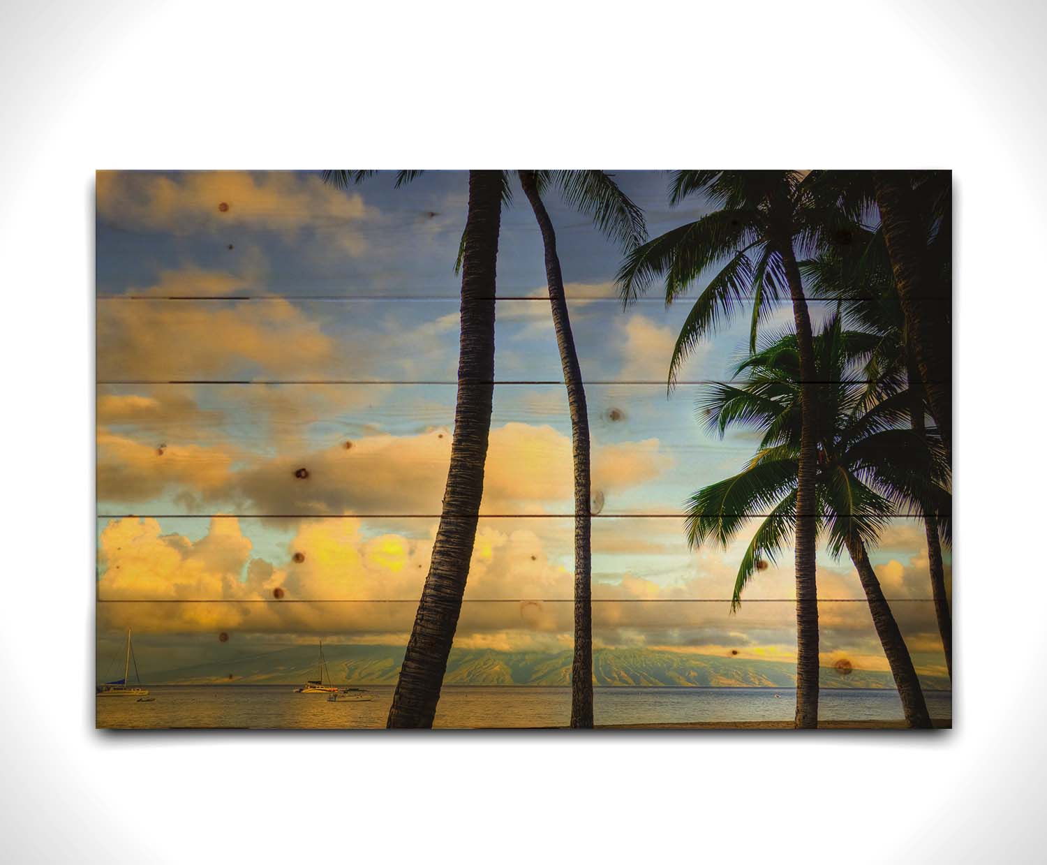 A photo of a collection of palm trees, backed by a view of the sea and distance mountainous islands lit with yellow from the low sun. Printed on a wood pallet.